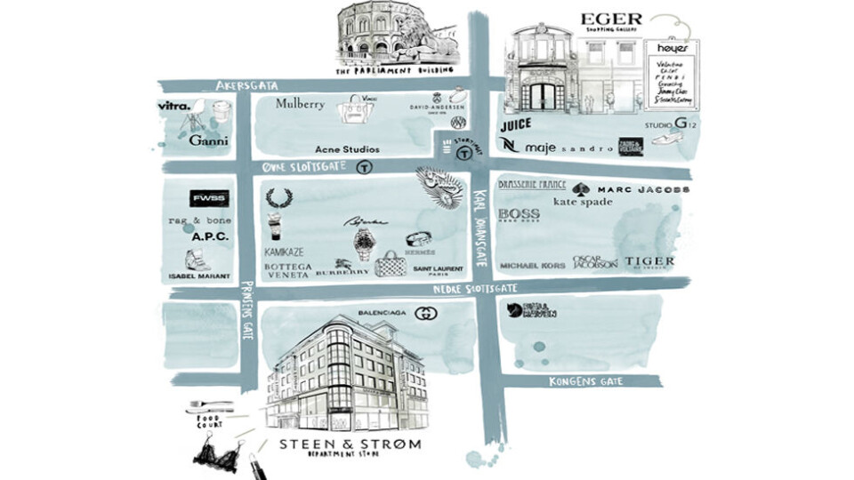 Tett mellom de internasjonale luksusmerkene og shoppingdestinasjonene i Promenaden. Illustrasjon: Esra Røise