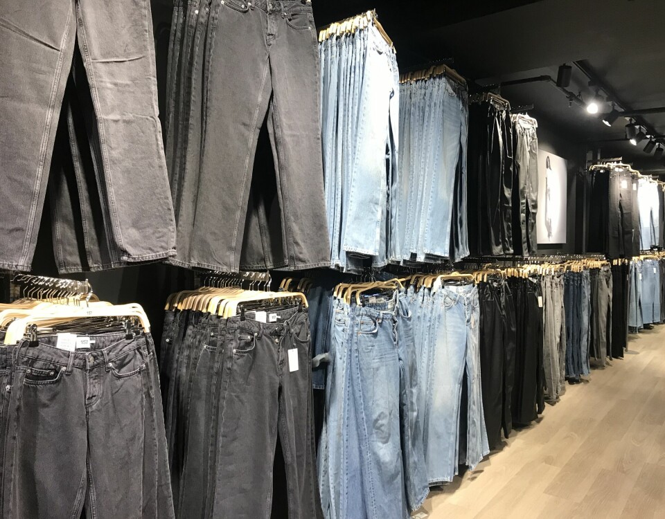 interiør butikk. Lang vegg med jeans.